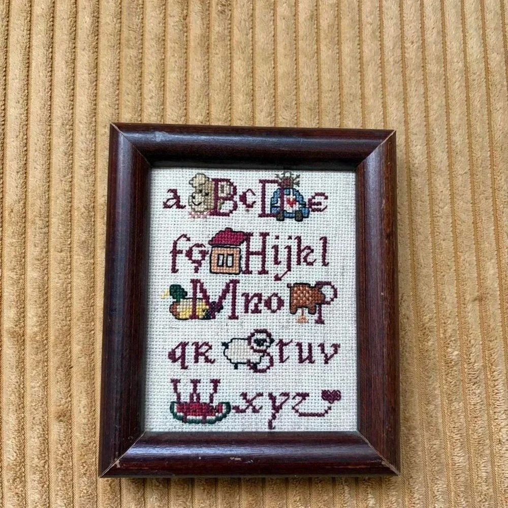 Vintage Handmade Cross Stitch Alphabet Sampler Framed Nursery Wall Art 5x4